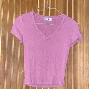 Pink V-Neck Ribbed Women Top
